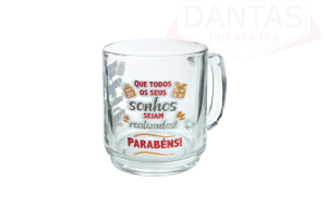 Caneca de vidro transparente com frase de Parabéns 320ml - Imporiente