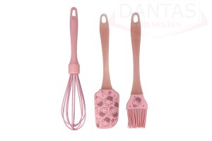  Conjunto 3 Peças Espátula Pincel e Batedor Rosa de Silicone