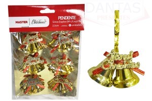 Pendente Sinos Duplos Dourado com Laço 2,3cm C/6 unidades - Rio Master