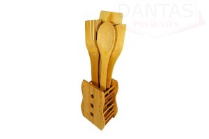 Kit p/cozinha 5 peças bambu com suporte