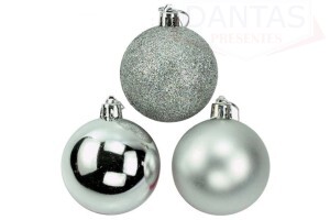 Bola Mista Fosca Lisa Glitter 6cm Prata com 9 Peças - Rio Master
