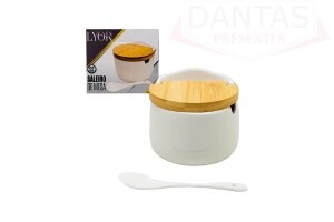 Saleiro de mesa de cerâmica com tampa e colher Bianco 10cm