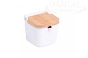 Saleiro de mesa de cerâmica com tampa de bambu e colher Bianco 9cm