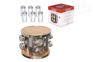 CJ 8 PORTA CONDIMENTOS INOX VIDRO E MDF COM SUPORTE GIRARTORIO REDONDO