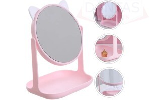 ESPELHO DE MESA REDONDO BASE PORTA JOIAS RETANGULAR PP GATINHO ROSA 16CM X 21CM