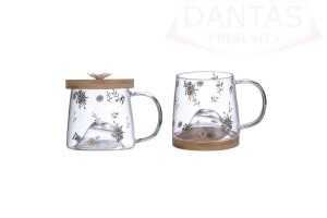 CANECA DE VIDRO COM PIRES DE BAMBU DAISY 330ML
