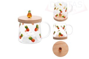 CANECA DE VIDRO COM PIRES DE BAMBU ABACAXI 330ML