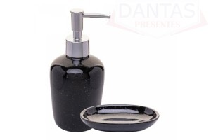 CJ 2 PECAS PARA BANHEIRO DE CERAMICA DOTS PRETO