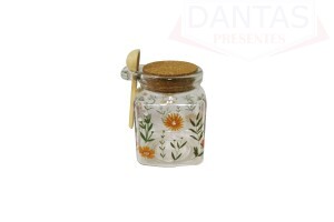 POTE REDONDO DE VIDRO COM TAMPA E COLHER DE BAMBU FLORA 200ML