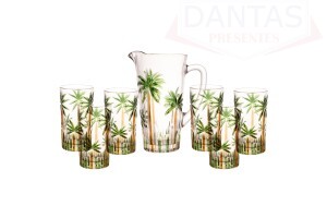 CONJUNTO JARRA COM 6 COPOS DE CRISTAL PALM TREE HANDPAINT