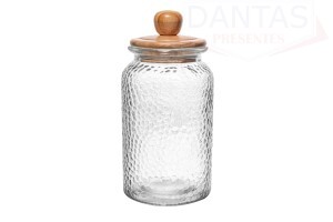 POTE DE VIDRO MARTELADO COM TAMPA DE BAMBU 1,3L