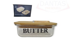 MANTEIGUEIRA DE VIDRO COM ESPATULA E TAMPA DE BAMBU 15CM X 11CM X 5CM