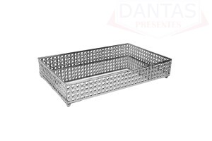 BANDEJA COM ESPELHO VERSALHES 38CM X 24CM X 5CM PRATEADA METAL