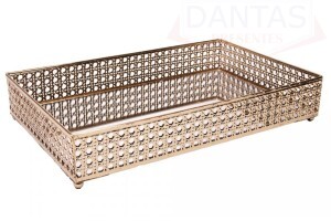 BANDEJA COM ESPELHO VERSALHES 32CM X 12,5CM X 5CM DOURADA METAL