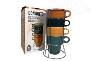 Jogo de Caneca com Suporte 04 Peças Porcelana