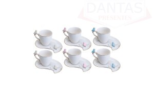 Conjunto 06 xícars Porcelana Cute Birds Design Plate Colorido Porcelana