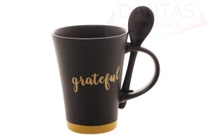 Caneca Ceramica com Colher Grateful Preto Matt / Amarelo 310ml