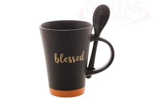 Caneca Ceramica com Colher Blessed Preto Matt / Laranja 310ml