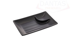 Prato Retangular com Molheira Preto de Melamina 19cm