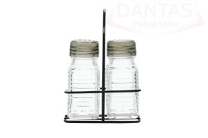 Conjunto Saleiro e Pimenteiro de Vidro com Suporte de Metal Preto 70ml - Lyor