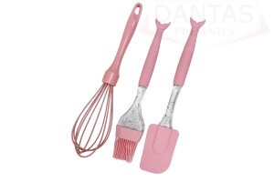 KIT BATEDOR PINCÉL E ESPÁTULA EM SILICONE ROSA