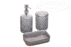 CONJUNTO PARA BANHEIRO DE VIDRO LITT PRATEADO METALIZADO 3 PEÇAS