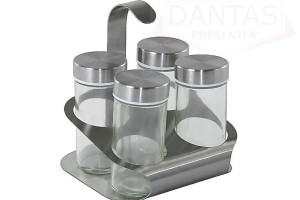 KIT PORTA CONDIMENTOS 4 PÇS+ SUPORTE AÇO INOX - UNY GIFT