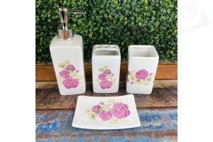 Kit Banheiro 04 peças de Ceramica Flores Rosa - Sanxia