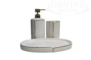 Kit Banheiro 03 Peças de Porcelana Branco e Dourado - Sanxia