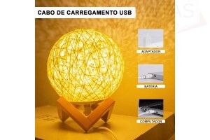 LUMINÁRIA DE MESA BOLA DE BARBANTE COM CABO USB