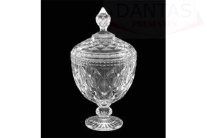 Potiche Decorativo com Pé de Cristal de Chumbo Diamond Transparente 15x28cm - Lyor