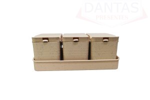 Conjunto 3 Porta Temperos de Banbu e PP com Colher e Bandeija Lines Rosa - Lyor