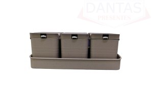 Conjunto 3 porta Mantimento de Bambu e PP com Colher e Bandeja Lines Cinza 10x18x7cm